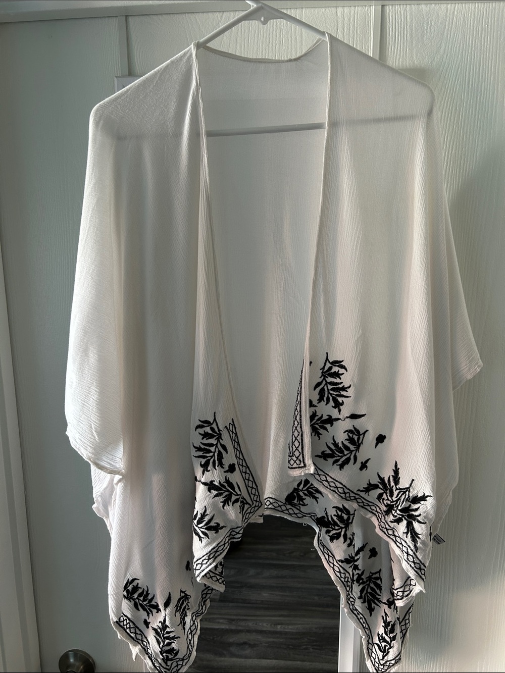 White Kimono Cardigan with Black Floral Embroidery